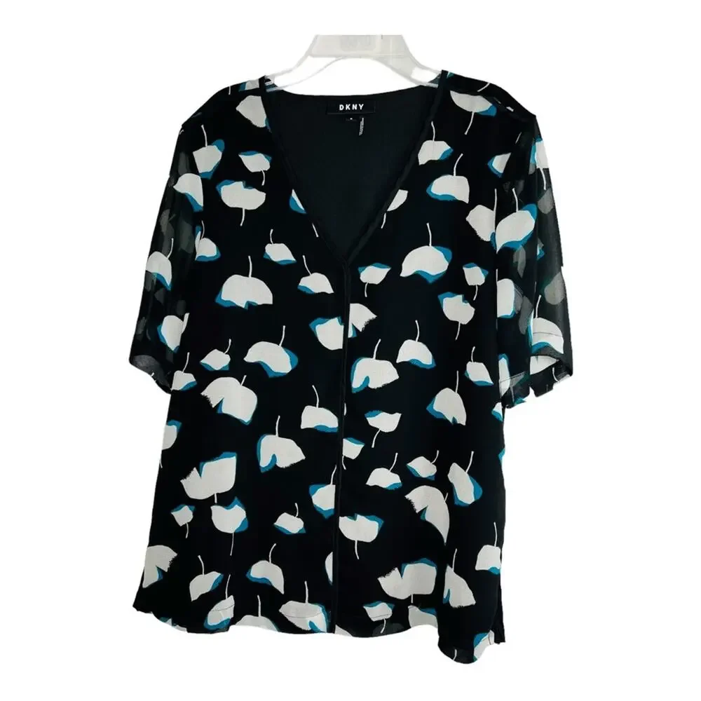 DKNY Floral Print V-Neck Elbow Sleeve L